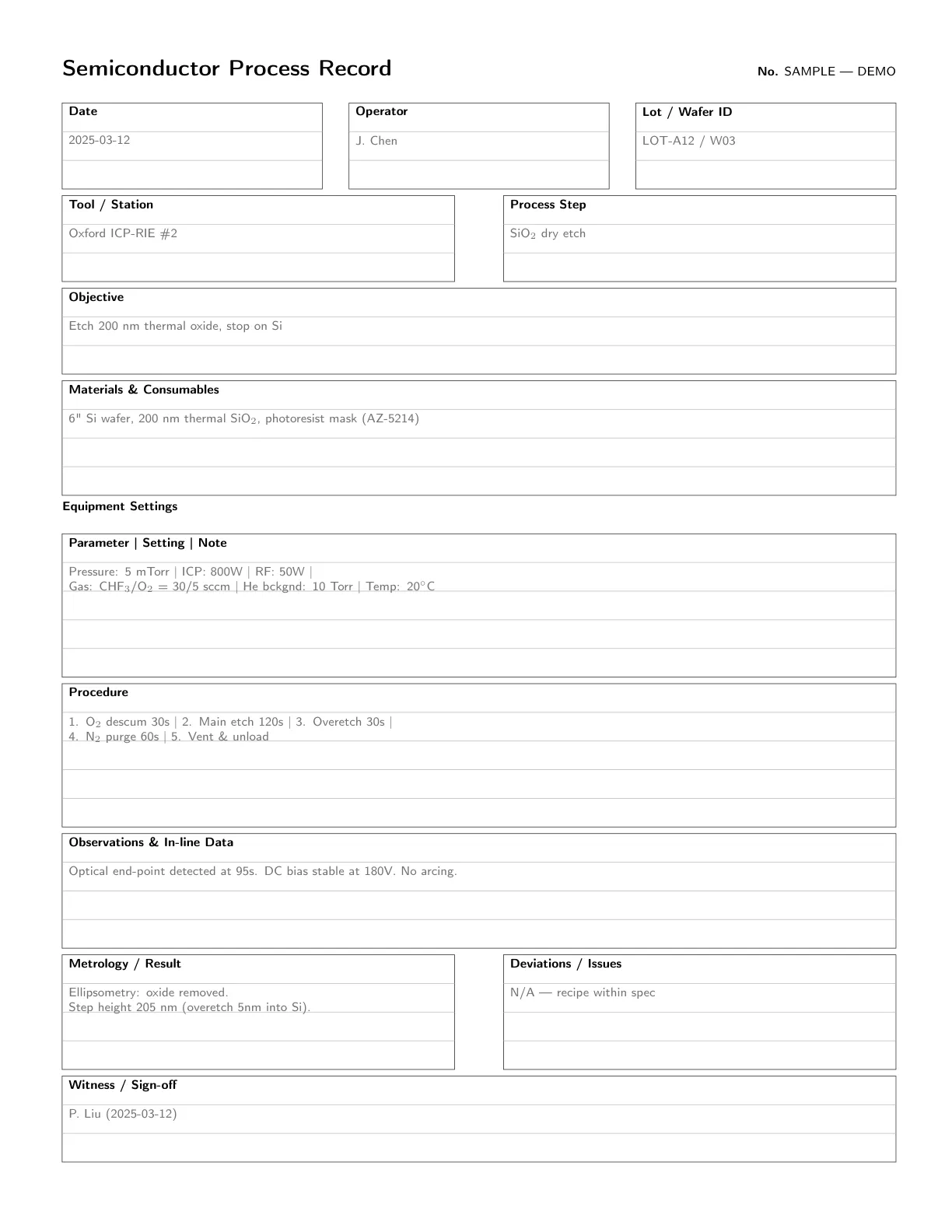 Sample filled-in process record showing the notebook format in use.