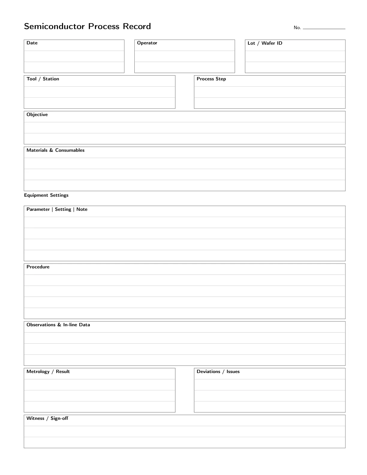 Blank semiconductor process record form with structured field layout.