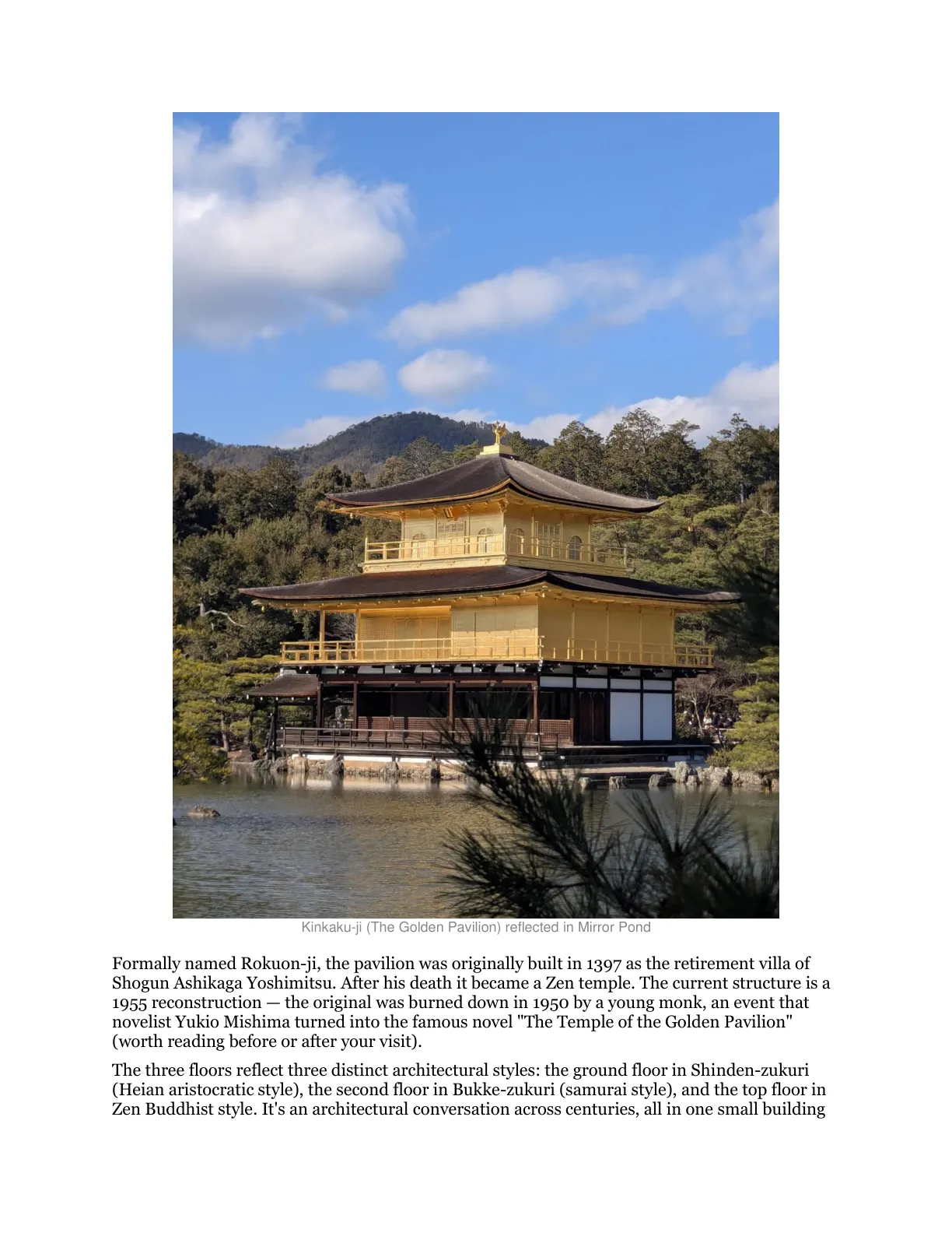 Kinkaku-ji (Golden Pavilion) reflected in the surrounding pond at opening hour.