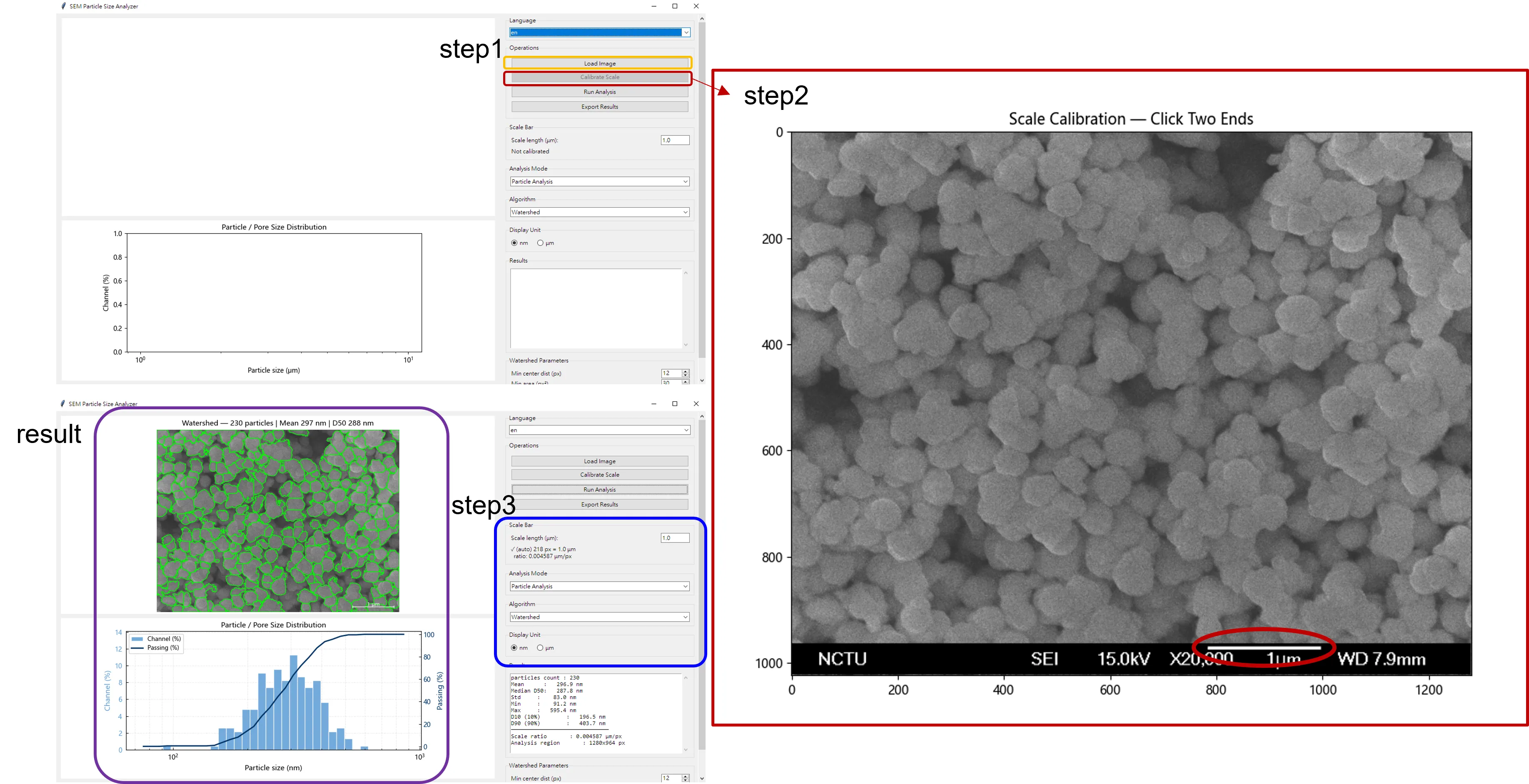 Screenshot: clicking the two ends of the scale bar to calibrate, with the current um-per-pixel value shown