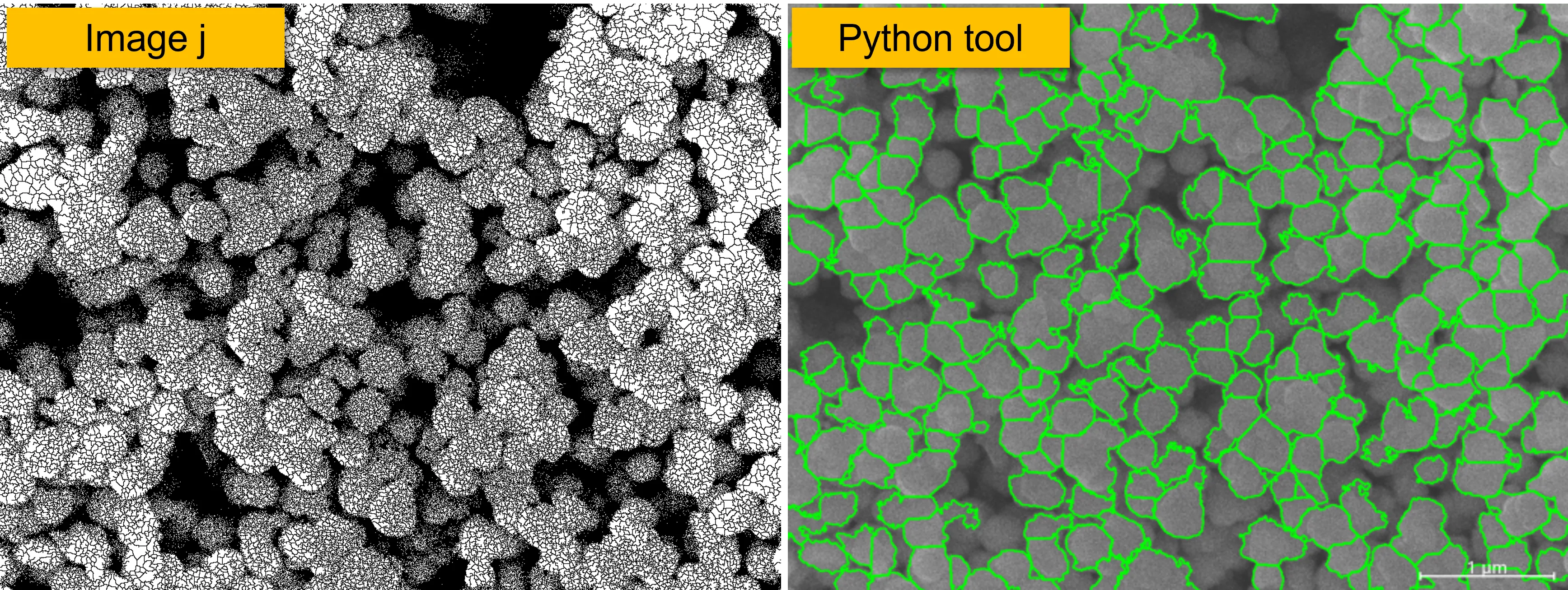 Screenshot: Watershed segmentation before and after, showing overlapping particles separated and labeled