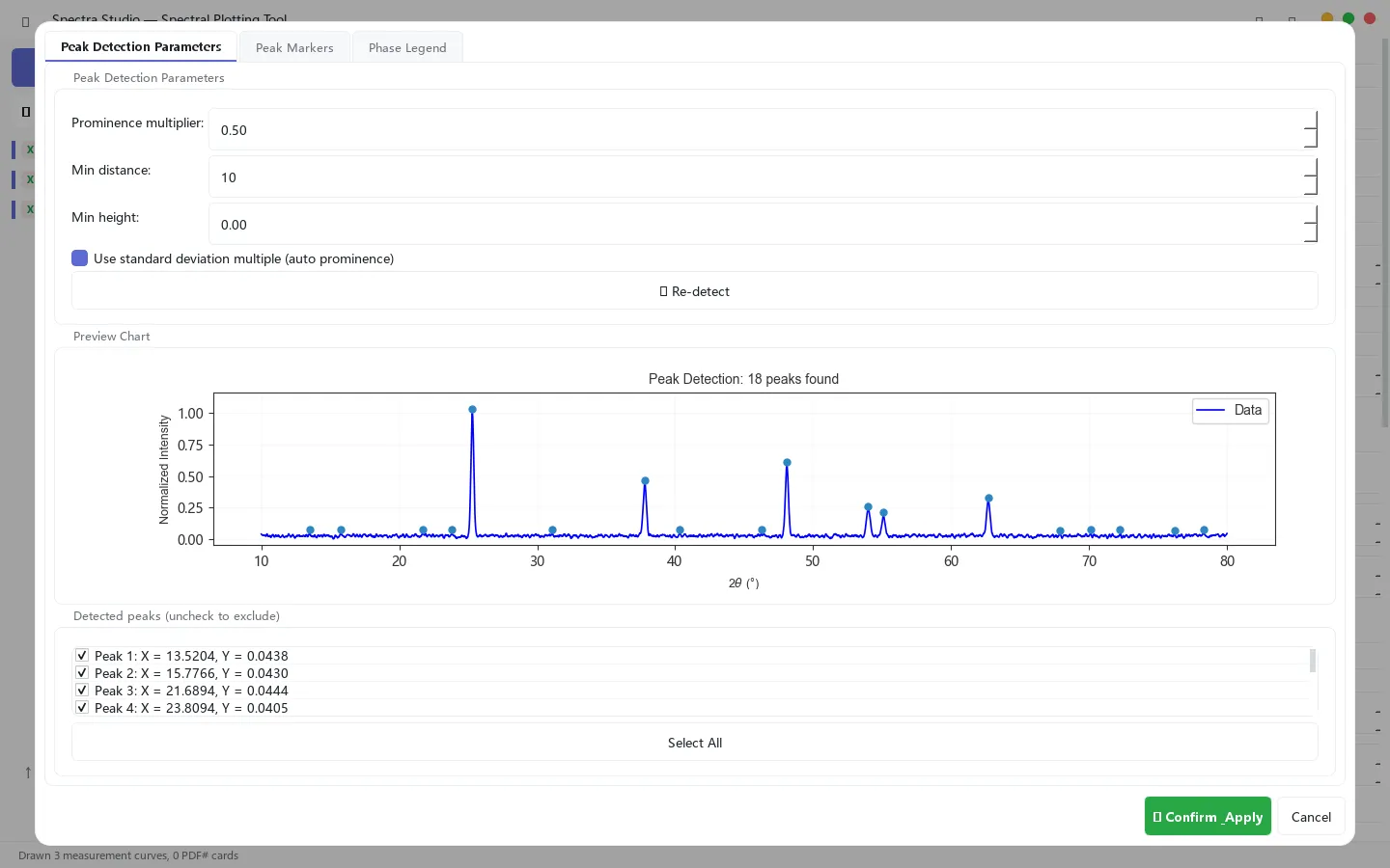 Peak detection dialog with candidate peaks annotated live