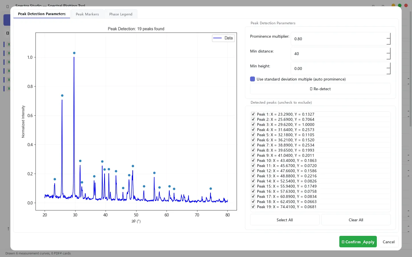 Peak detection dialog with candidate peaks annotated live