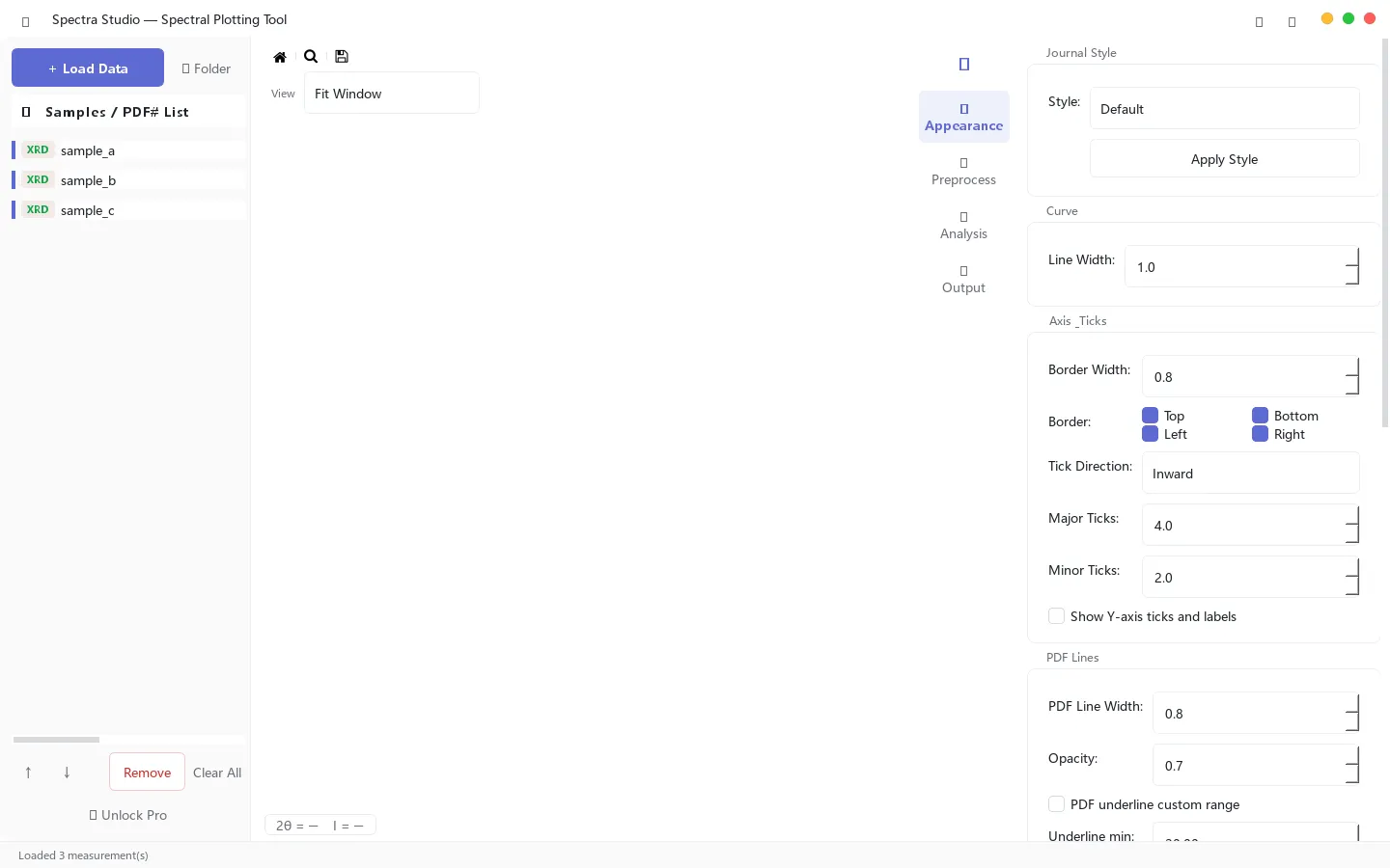 Spectra Studio main window: sample list and tools on the left, live stacked-spectrum preview on the right