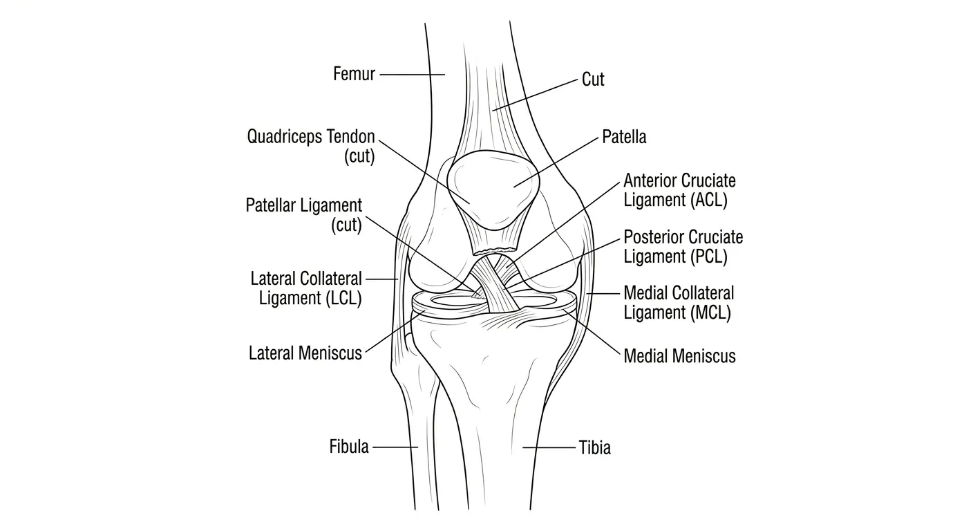 ACL anatomy and non-contact injury mechanism illustration showing force vectors during a squat