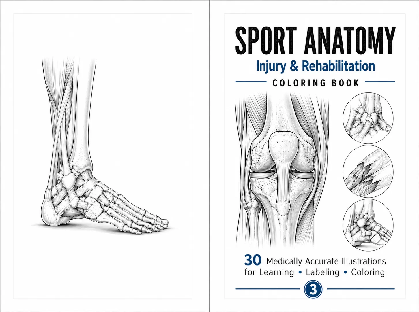 Sport Anatomy Coloring Book cover and sample foot anatomy page
