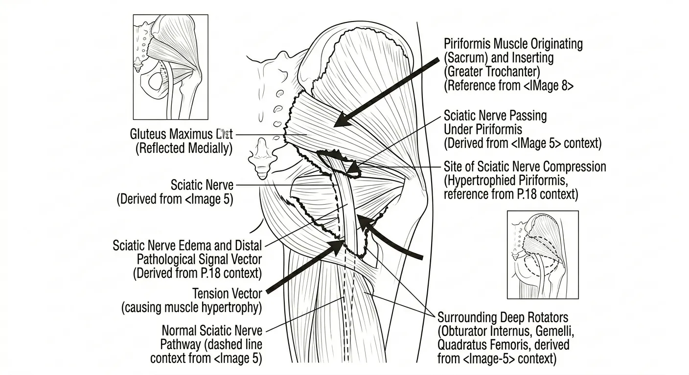 Piriformis and sciatic nerve posterior view anatomy illustration