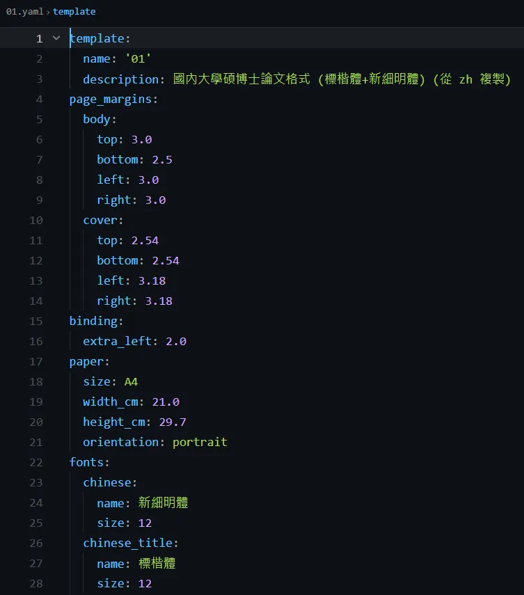 Screenshot: a snippet of the YAML rules file showing margin, font, and numbering settings