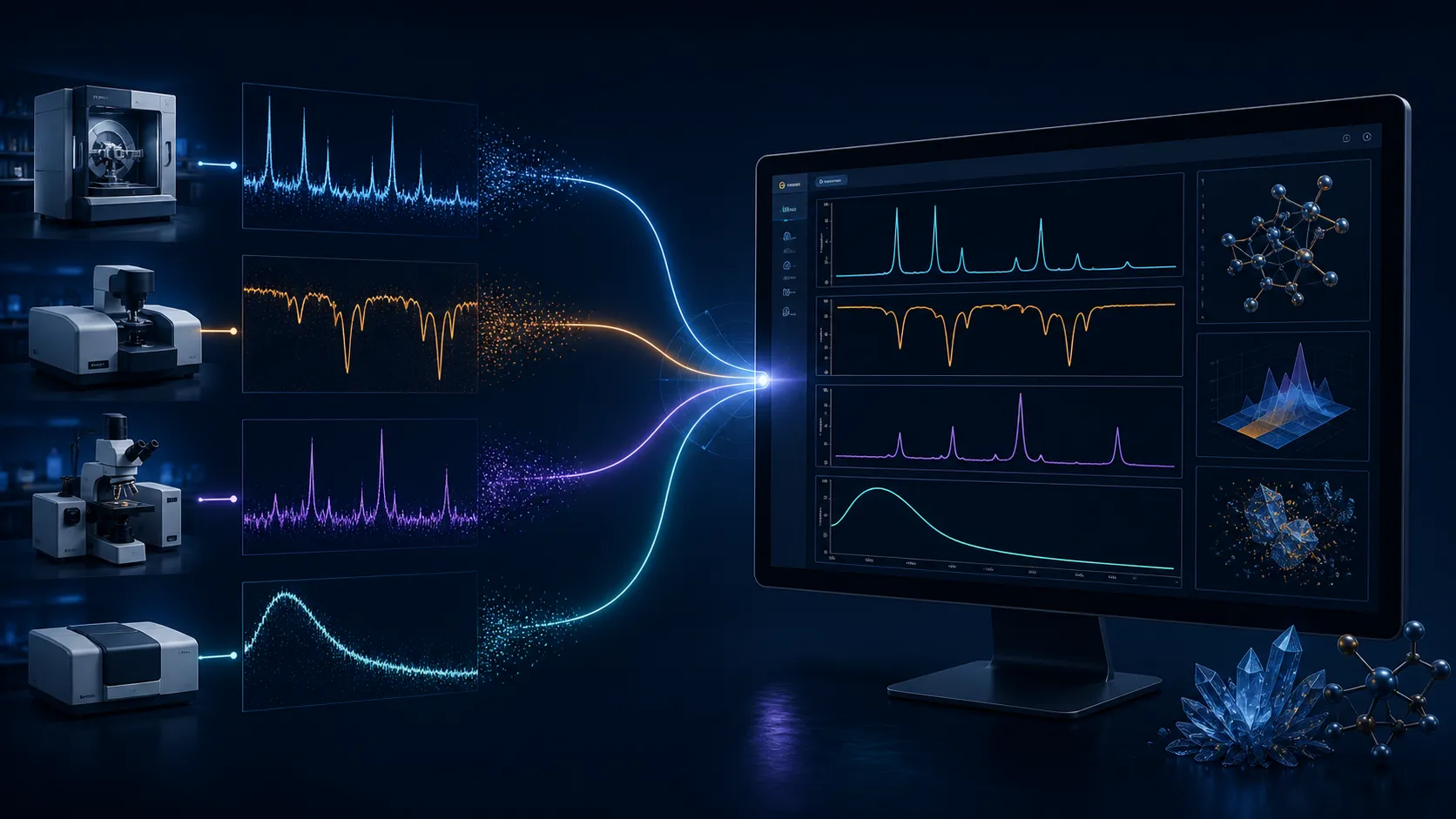 XRD、FTIR、Raman 與 UV-Vis 原始資料匯入同一個本機分析工作區的流程示意圖